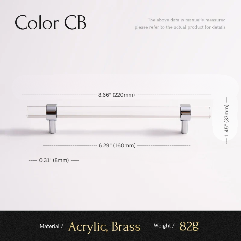 Measurement chart for a cabinet handle with dimensions and material details.