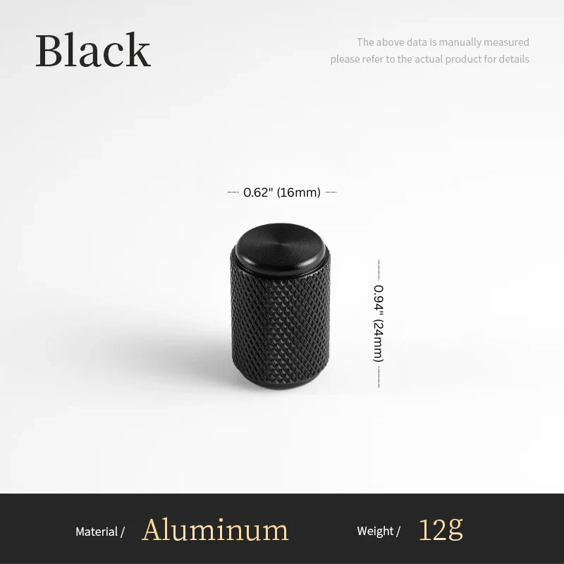 Black cylindrical object with measurements and material details on a white background