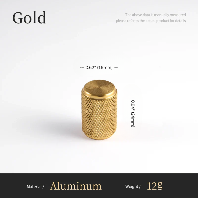 Gold-colored cylindrical object with measurements on a white background