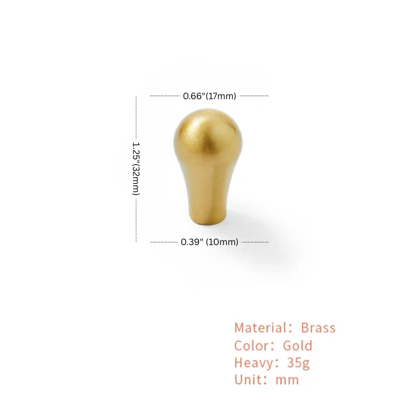 Gold knob with measurements and material details on a white background