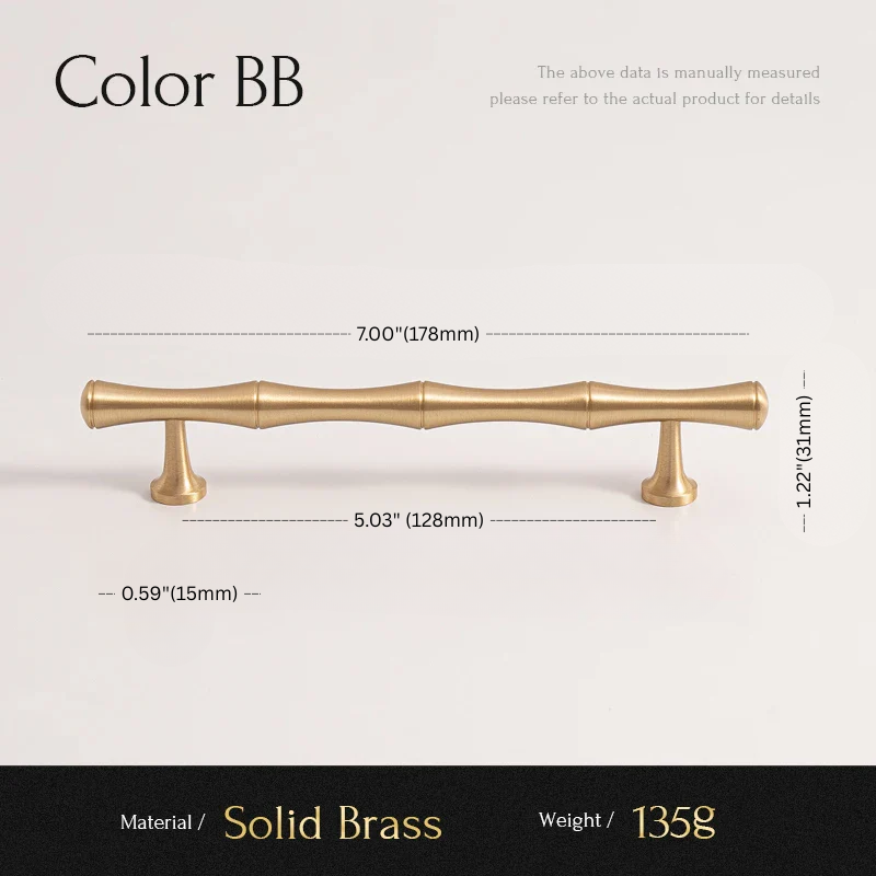 Solid brass handle with dimensions and material details on a light background