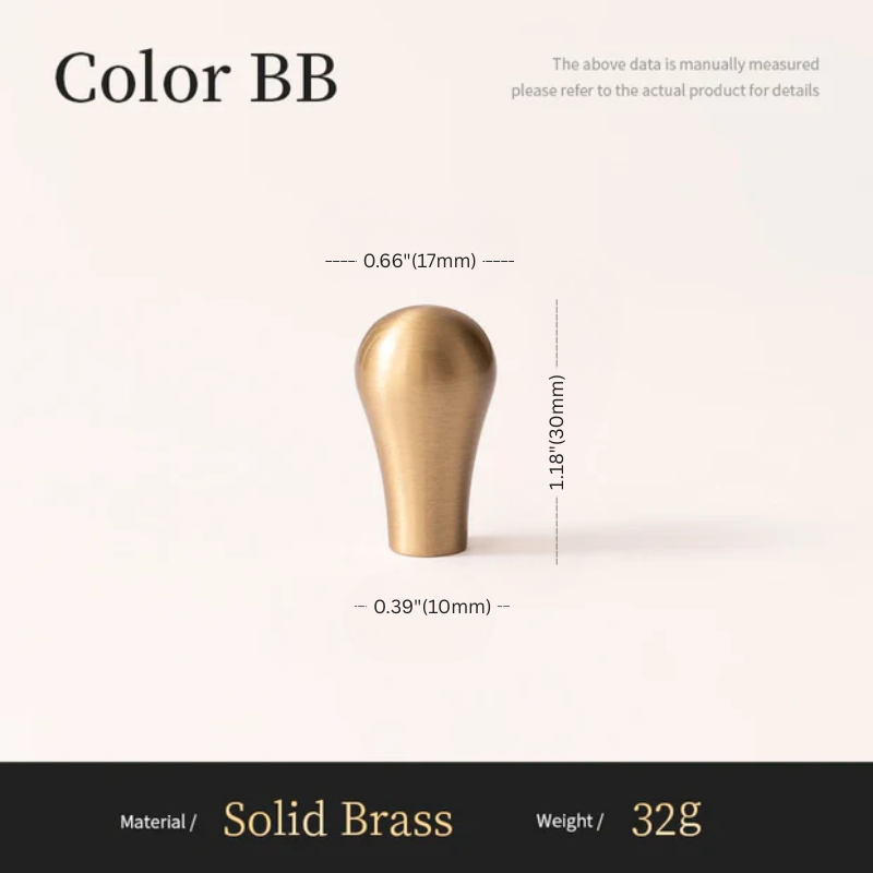 Solid brass knob with measurements on a white background
