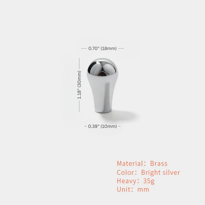 Metallic knob with dimensions and material information on a white background