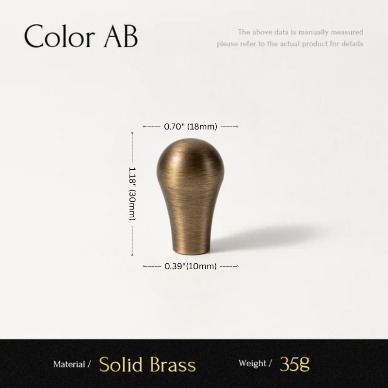 Solid brass knob with dimensions and material details on a white background
