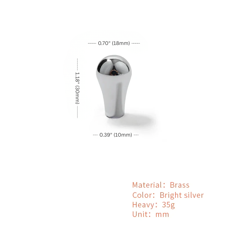 Metallic knob with dimensions and material details on a white background