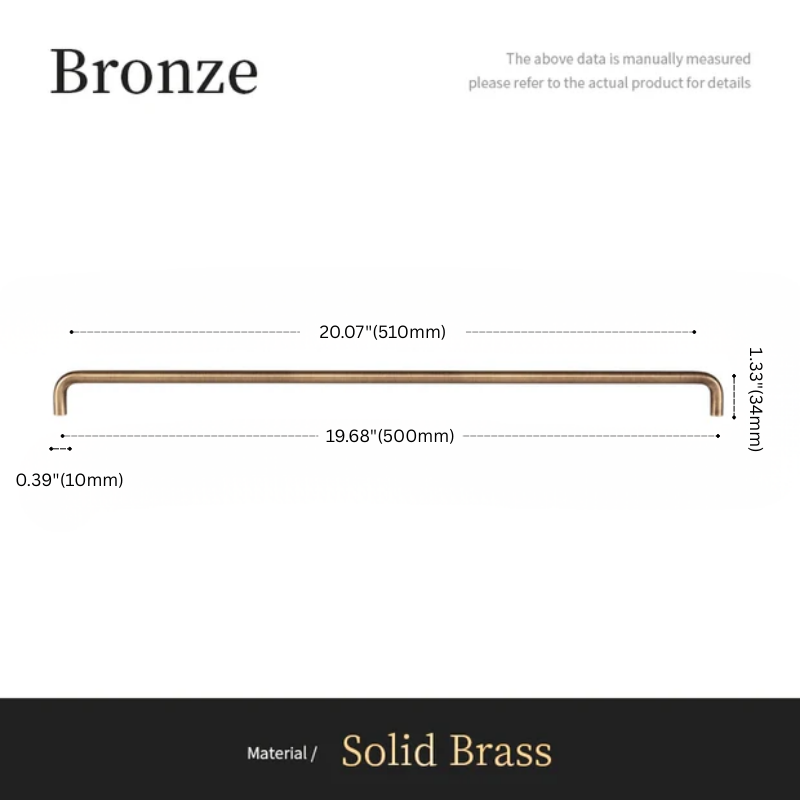 Measurement chart of a bronze handle with dimensions on a white background