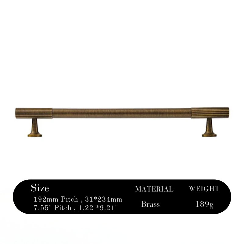 Brass cabinet handle with specifications on a white background