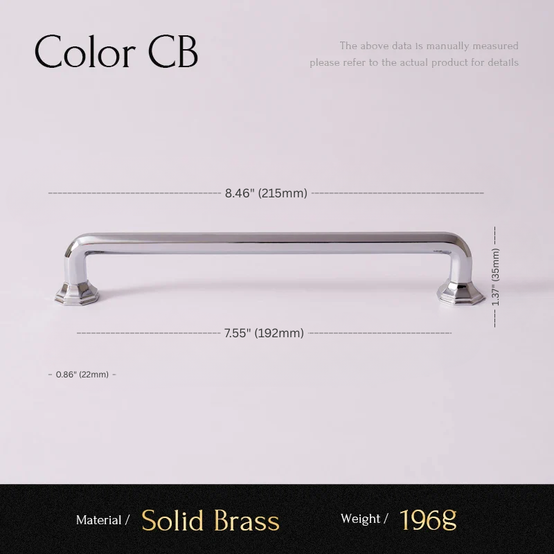 Cabinet handle with dimensions and material information on a light gray background