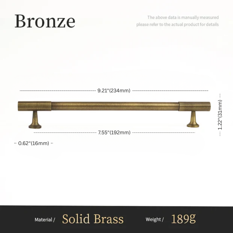 Measurement chart of a bronze cabinet handle with dimensions on a white background.