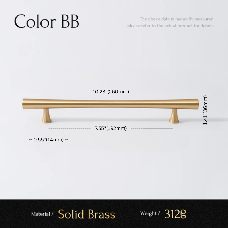 Gold cabinet handle with dimensions and material details on a white background