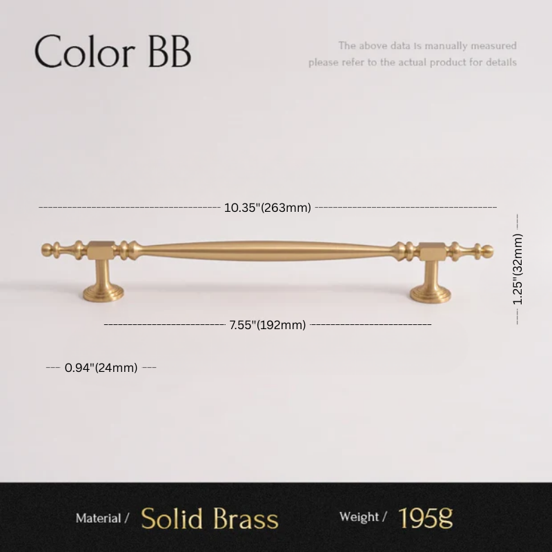 Gold cabinet handle with dimensions and material details on a white background
