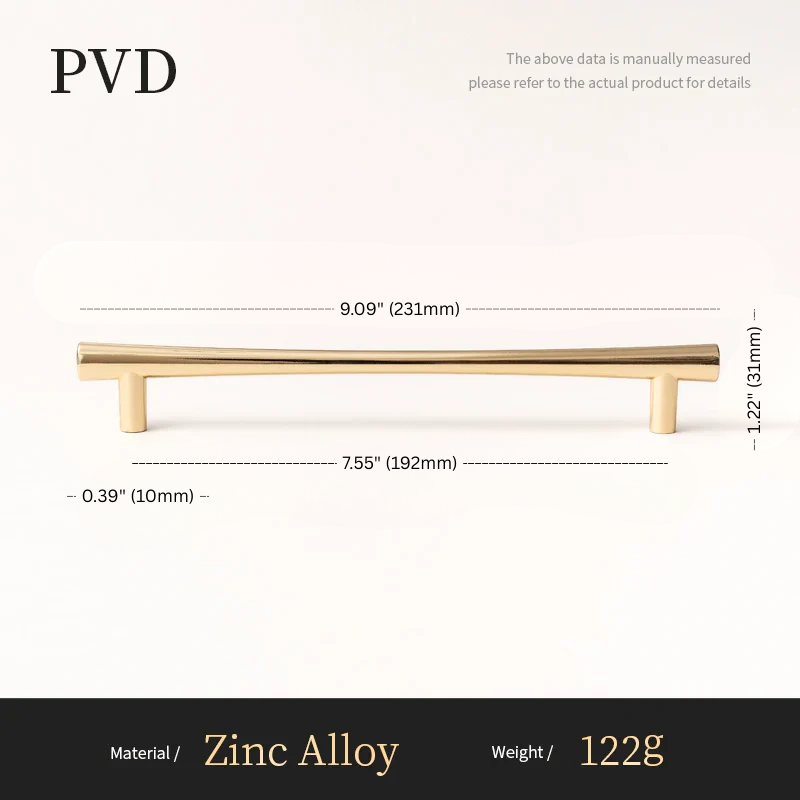 Gold cabinet handle with dimensions and material details on a white background