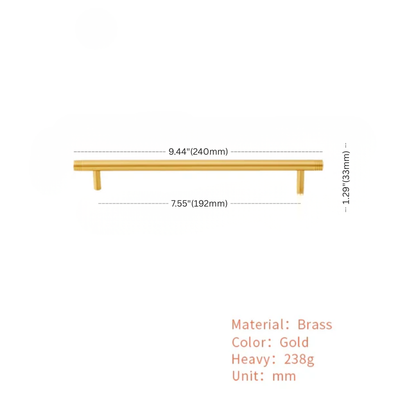 Gold cabinet handle with dimensions and material details on a white background