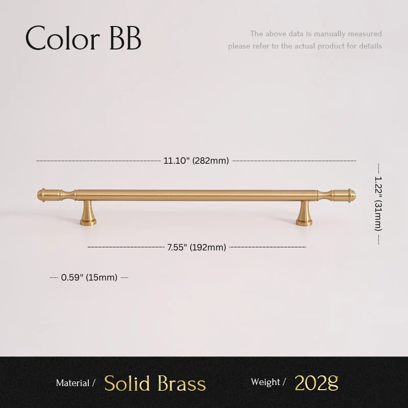 Measurement chart of a solid brass handle with dimensions and material details.