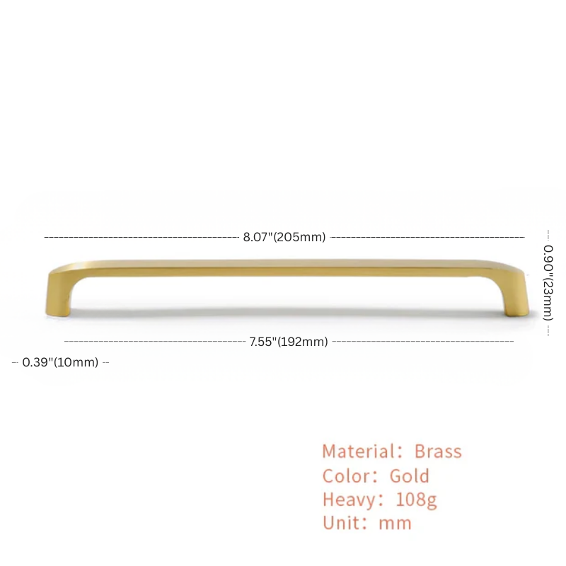 Gold cabinet handle with dimensions and material details on a white background