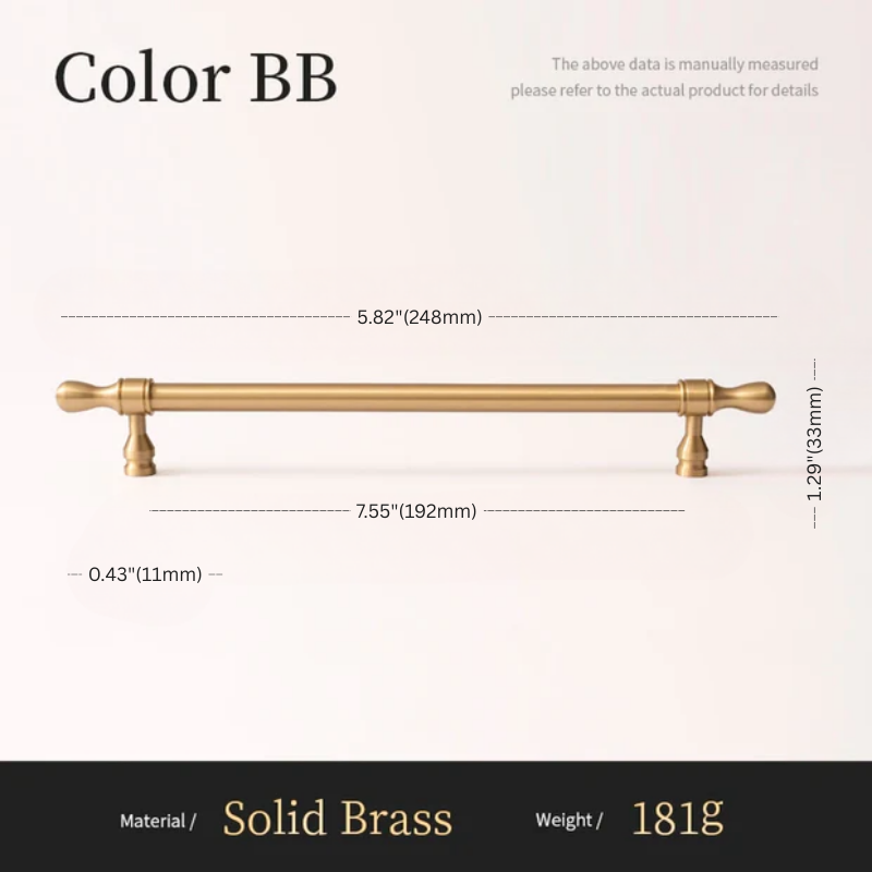 Solid brass handle with dimensions and material details on a white background