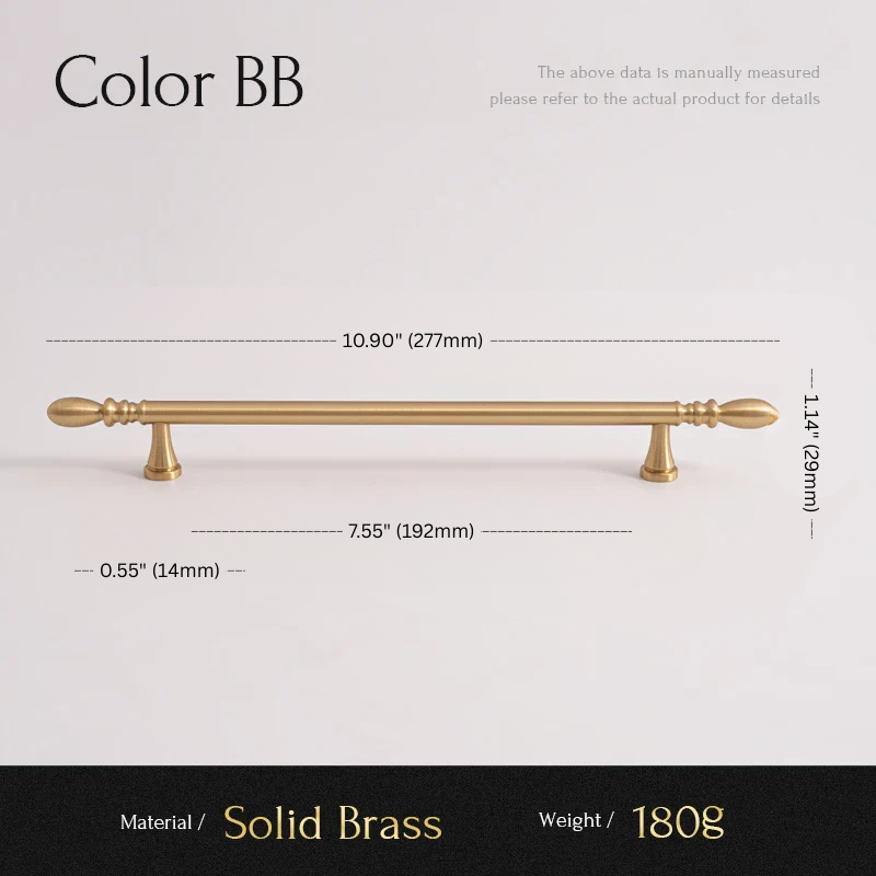 Gold cabinet handle with measurements on a light gray background