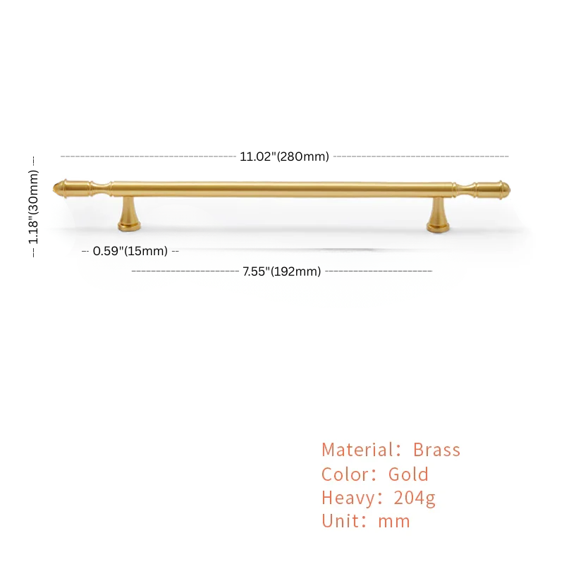 Gold cabinet handle with dimensions and material details on a white background