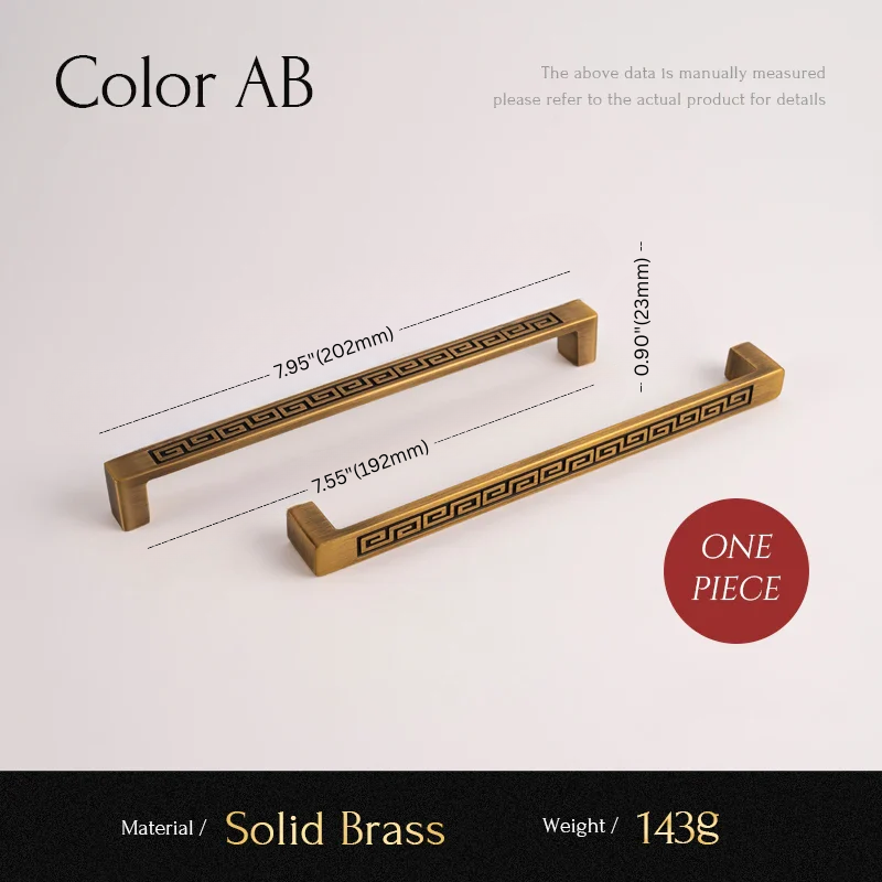 Two solid brass cabinet handles with measurements on a white background