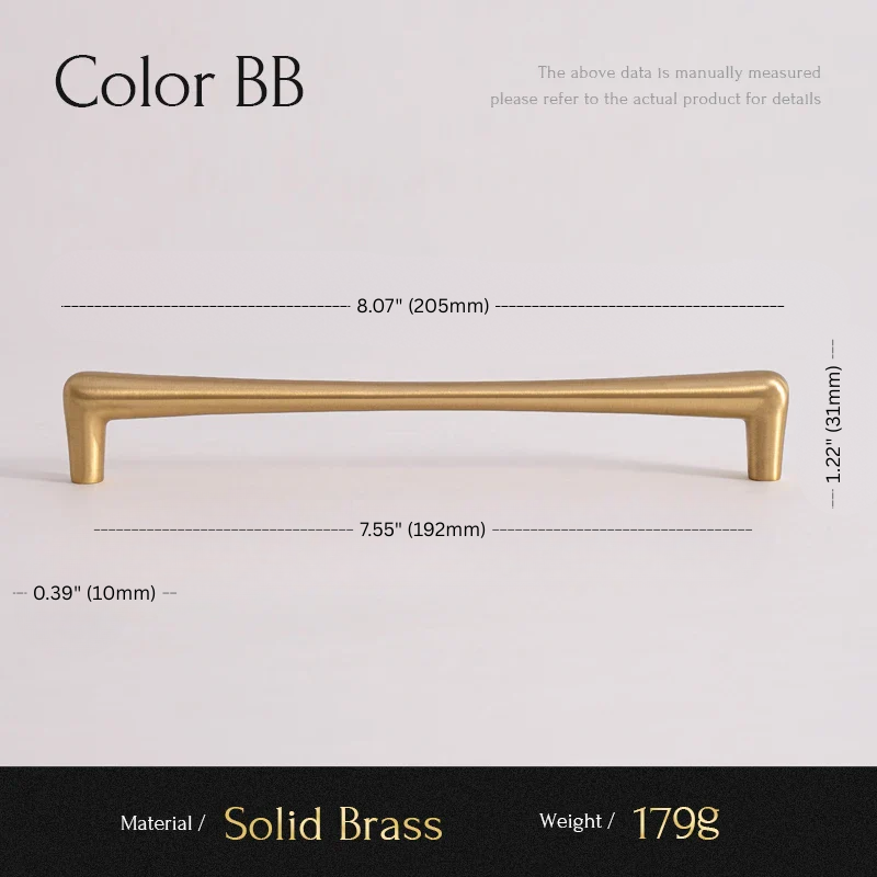 Gold cabinet handle with dimensions and material details on a white background