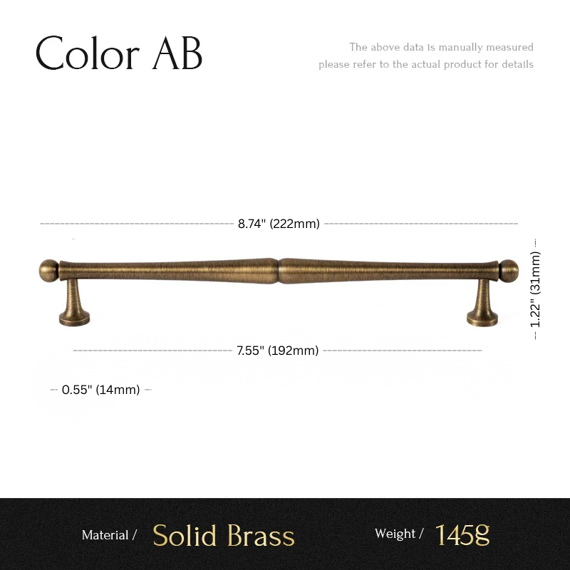 Cabinet handle with dimensions and material details on a white background