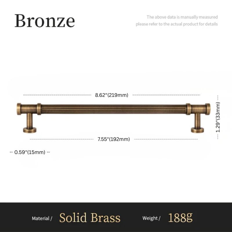 Bronze cabinet pull with dimensions and material details on a white background