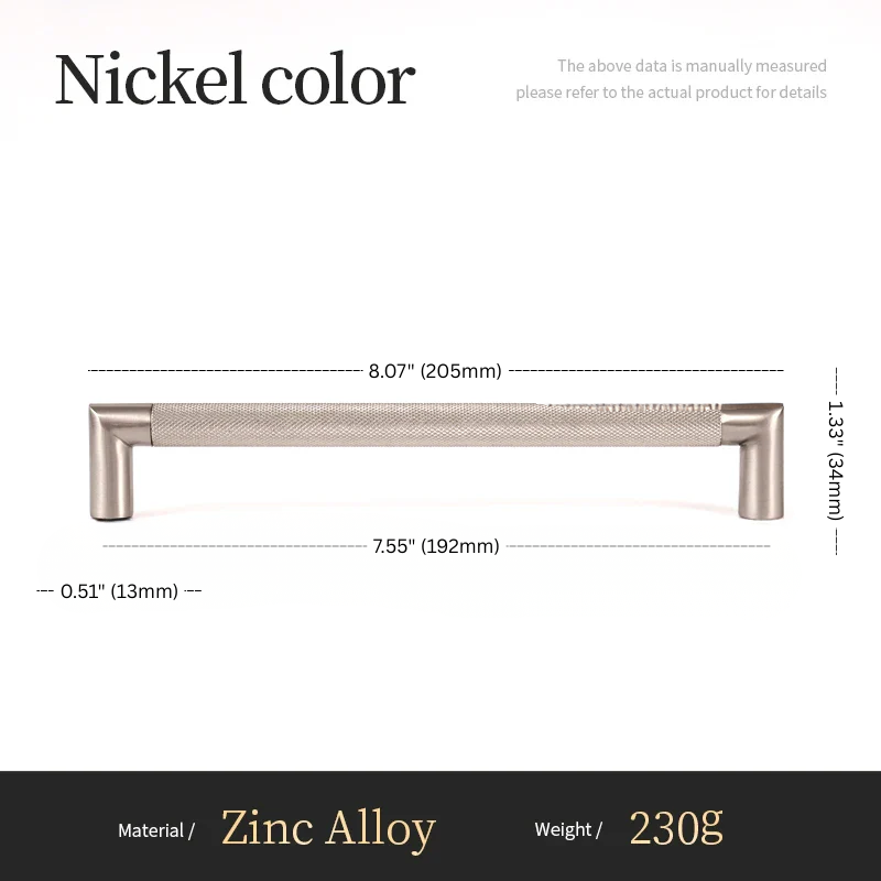 Measurement chart for a nickel-colored cabinet handle with dimensions and material details.