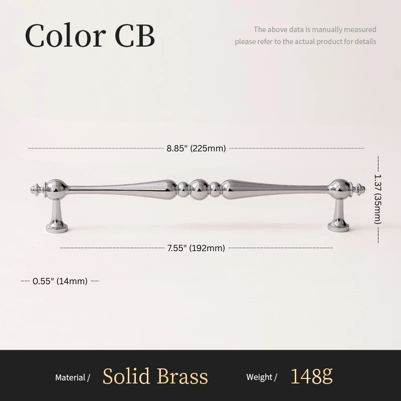 Cabinet handle with dimensions and material details on a white background