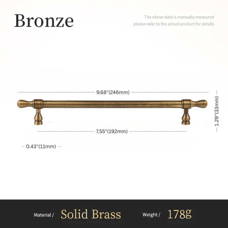Measurement chart of a bronze cabinet handle with dimensions and material details.