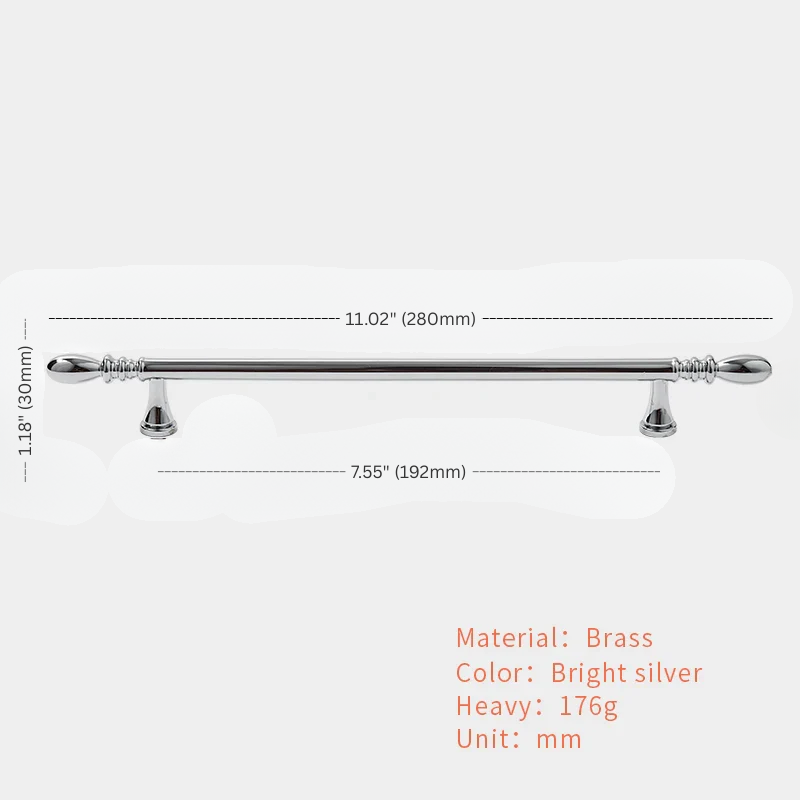 Brass curtain rod with dimensions and material details on a white background
