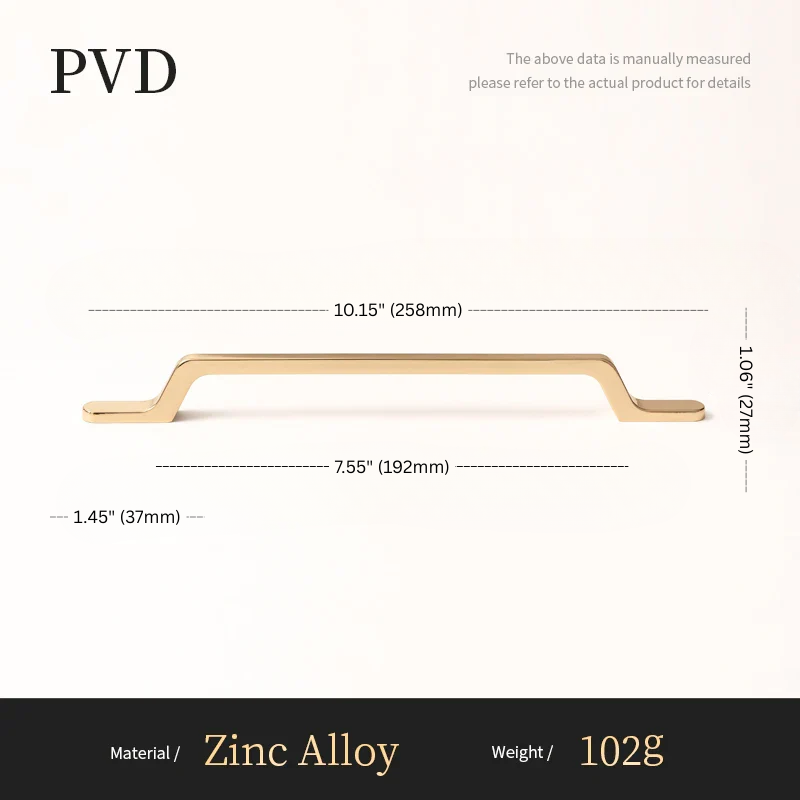 Gold cabinet handle with dimensions and material information on a white background