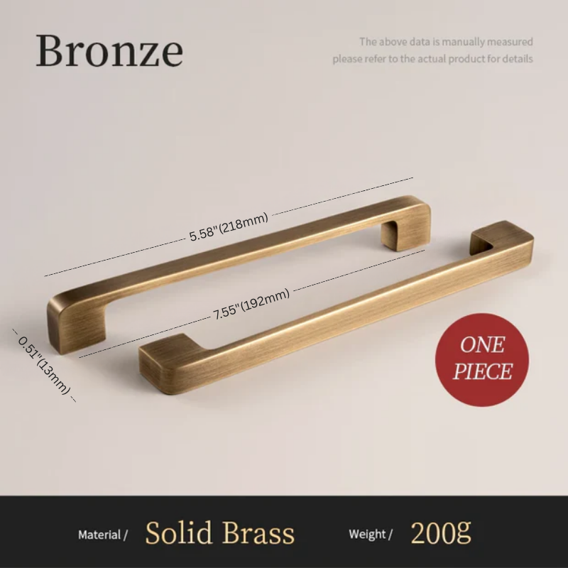 Bronze cabinet handle with dimensions and material details on a beige background