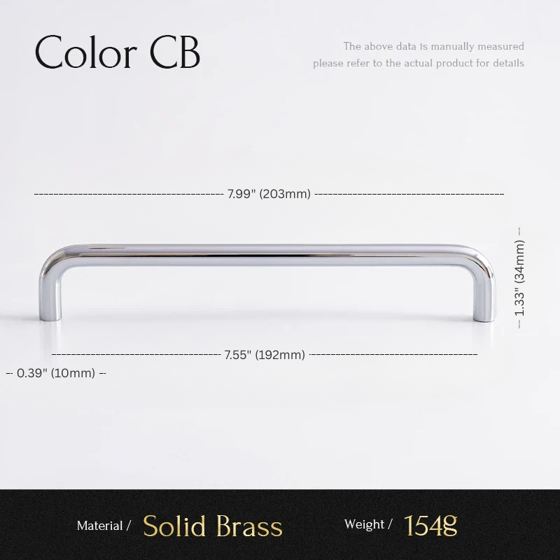 Measurement chart for a solid brass handle with dimensions and material details.