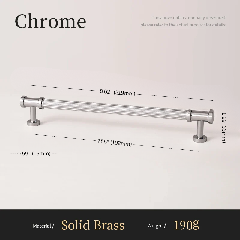 Chrome cabinet handle with dimensions and material details on a light gray background