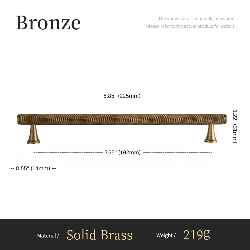 Measurement chart of a bronze cabinet handle with dimensions and material details.