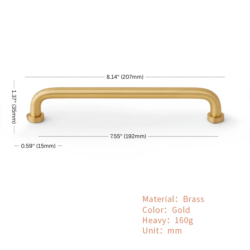 Gold cabinet handle with dimensions and material details on a white background