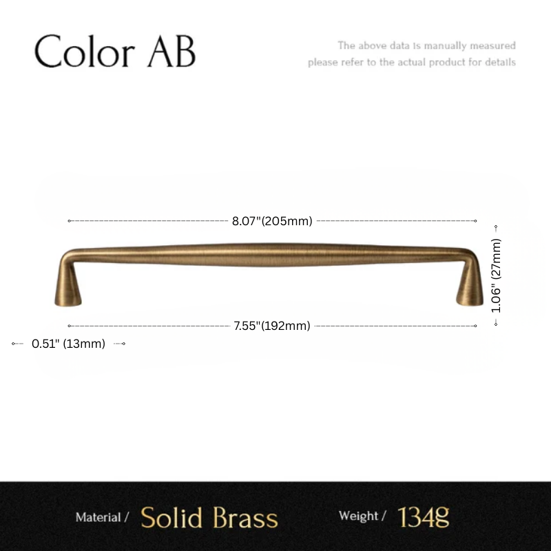 Measurement chart for a solid brass cabinet handle labeled 'Color AB' on a white background.