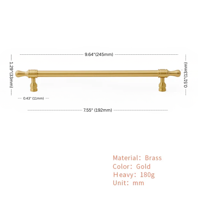 Gold metal bar with dimensions and material details on a white background