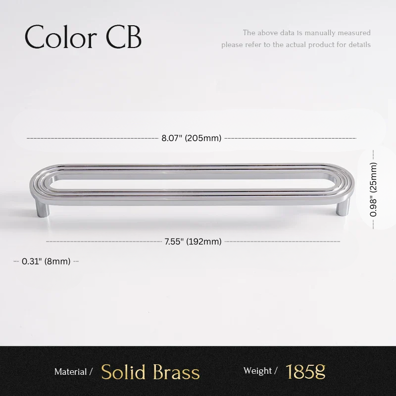 Measurement chart for a solid brass handle with dimensions and material details.