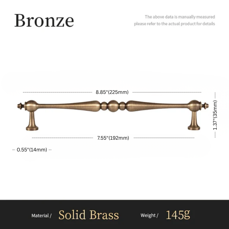 Measurement chart for a bronze cabinet handle with dimensions and material details.