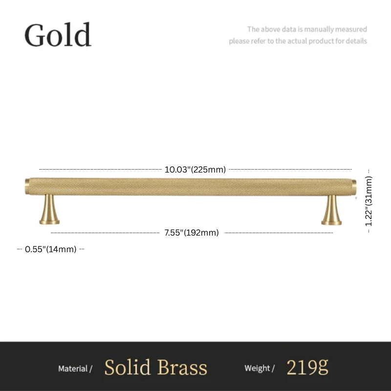 Gold cabinet handle with dimensions and material details on a white background