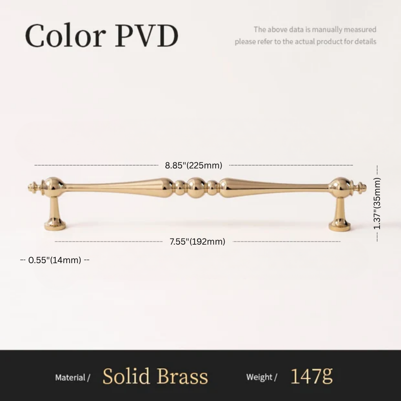 Gold cabinet handle with dimensions and material details on a white background