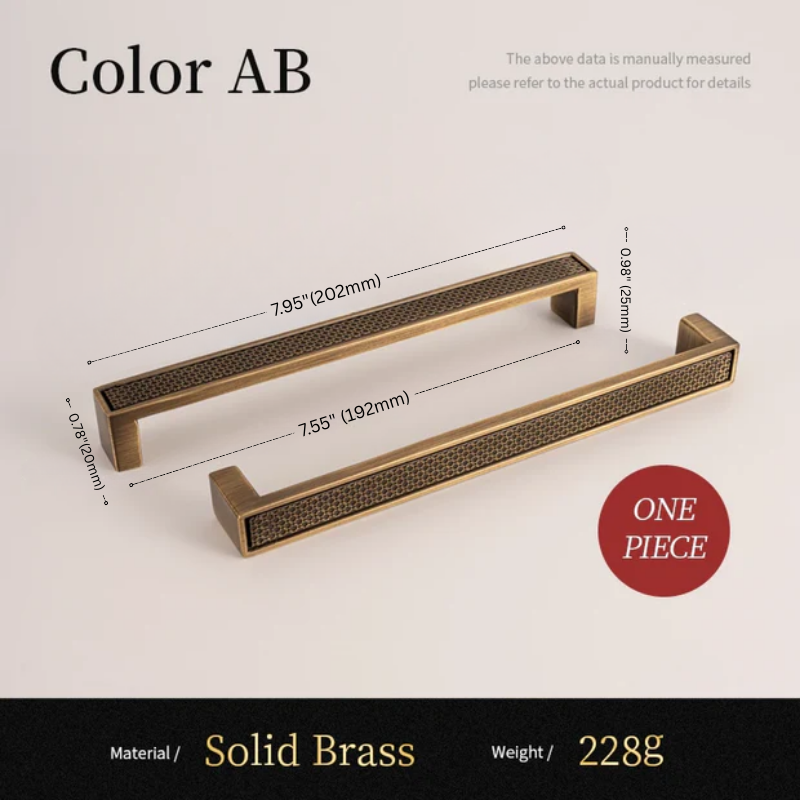 Solid brass handle with dimensions and material details on a light background