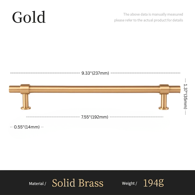 Gold cabinet pull with dimensions and material details on a white background
