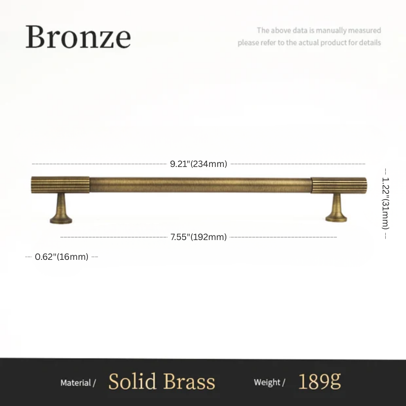 Measurement chart of a bronze cabinet handle with dimensions on a white background.