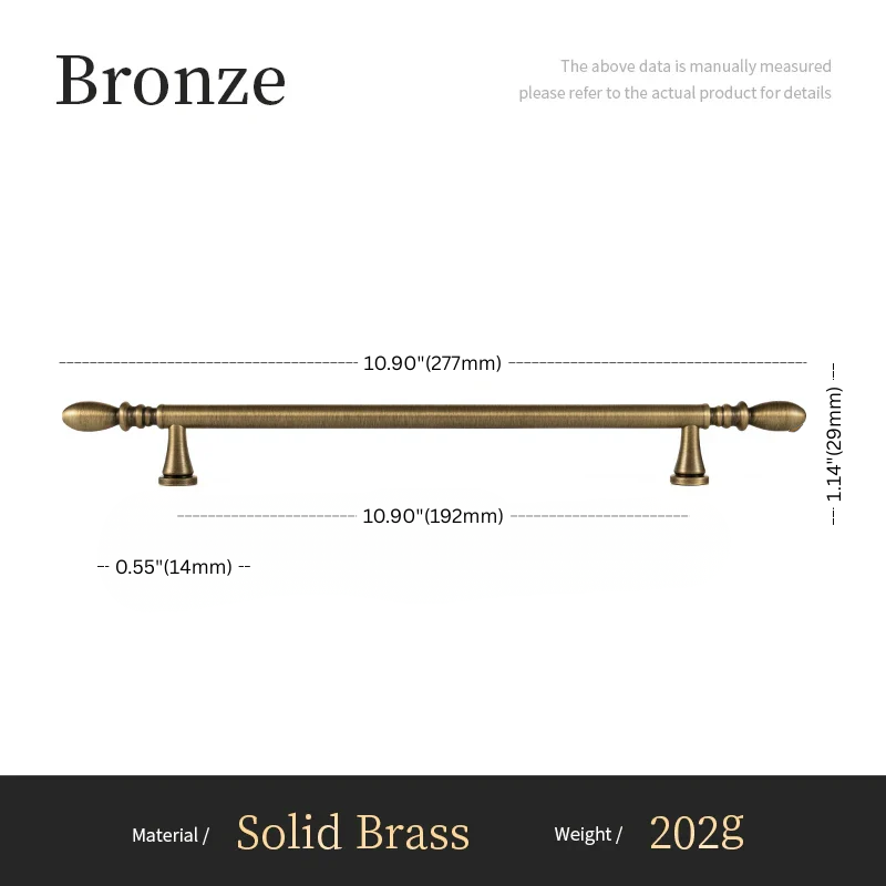 Measurement chart of a bronze cabinet handle with dimensions and material details.