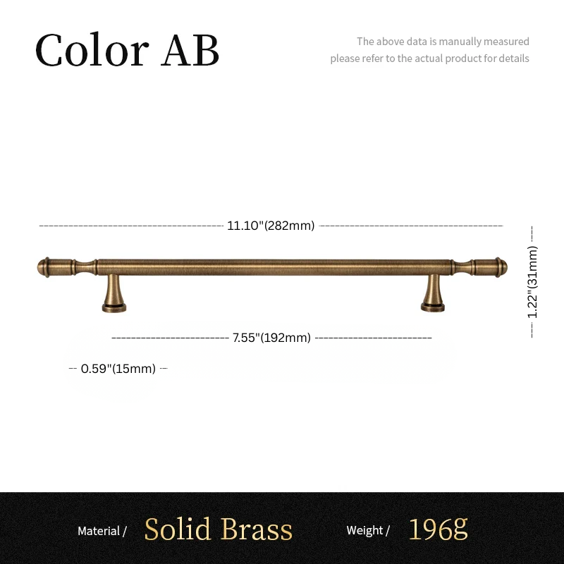 Measurement chart of a solid brass handle with dimensions and material details.