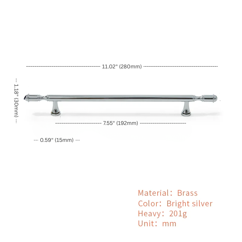 Measurement chart of a brass curtain rod with dimensions and material details.
