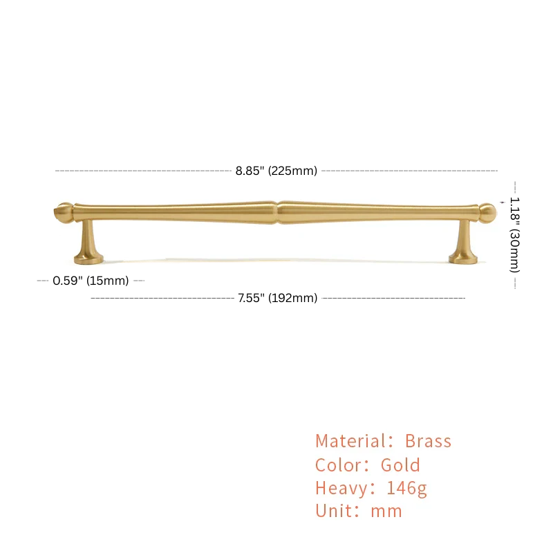 Gold cabinet handle with dimensions and material details on a white background