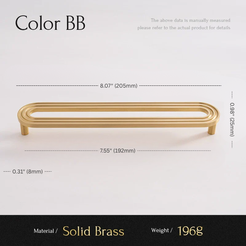 Gold cabinet handle with dimensions and material details on a white background